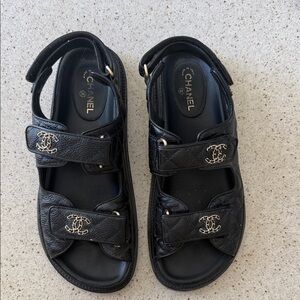 CHANEL Black Leather Logo Velcro Double-Strap Sandals